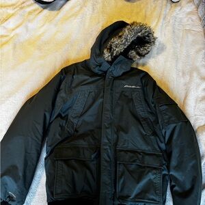 Eddie Bauer superior down Hooded Insulated Puffer with Faux Fur Trim